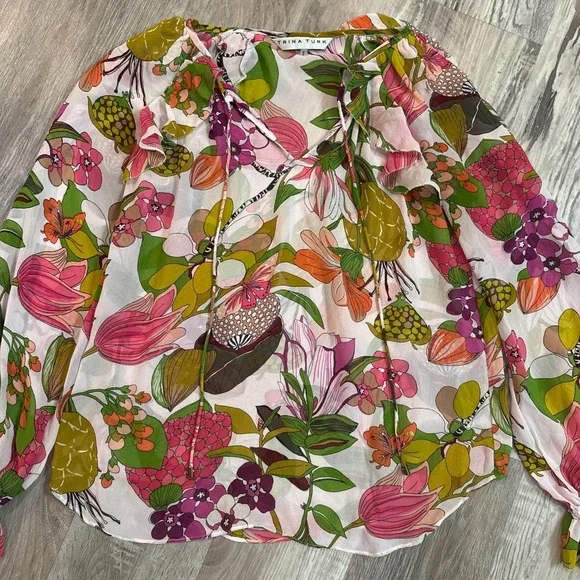 Trina Turk Blouse Magnolia Floral Silk Ruffle Tie Front Pink Green Women Small - Picture 2 of 6
